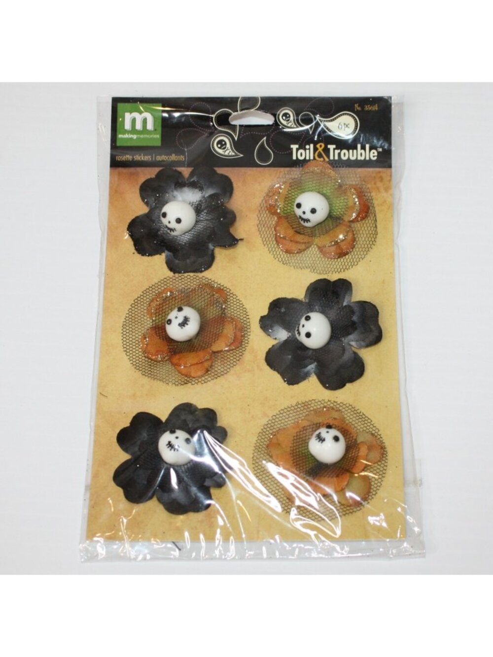 Making Memories Toil & Trouble 6pc Rosette Stickers Halloween Skull Flowers NEW